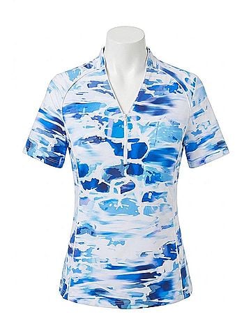 Tribal Ocean Waves Zip V-Neck Short Sleeve Performance Top in Blue (view 1)