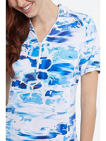 Tribal Ocean Waves Zip V-Neck Short Sleeve Performance Top in Blue (view 2)