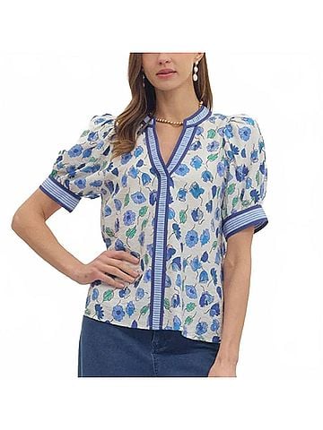 Entro Floral V Neck Blouse in Blue (view 2)