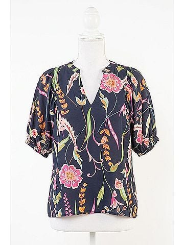 THML Floral Print Short Sleeve V Neck Top in Blue (view 1)