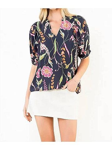 THML Floral Print Short Sleeve V Neck Top in Blue (view 2)