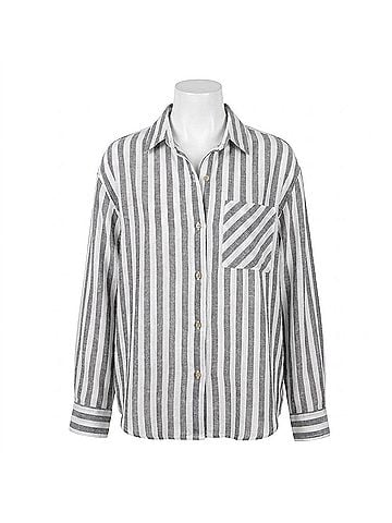 Marine Layer Jane Relaxed Linen Shirt in Navy/White Stripe (view 1)