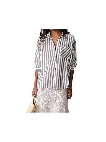 Marine Layer Jane Relaxed Linen Shirt in Navy/White Stripe (view 2)