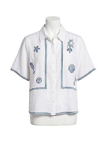 Astr Trace Embroidered Linen Button-Up Shirt in White (view 1)