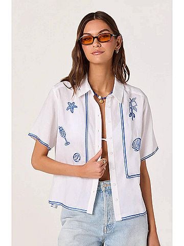 Astr Trace Embroidered Linen Button-Up Shirt in White (view 2)
