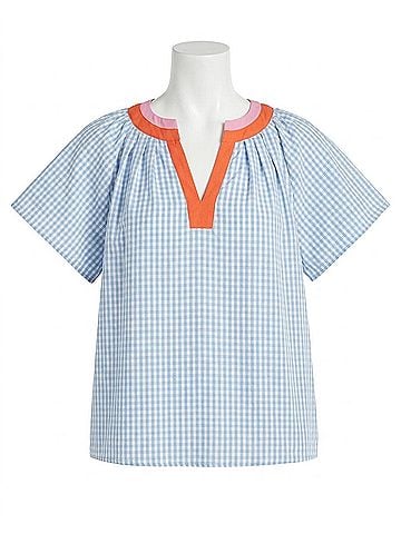 THML Gingham Pattern Short Sleeve Top in Light Blue (view 1)