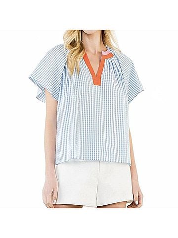 THML Gingham Pattern Short Sleeve Top in Light Blue (view 2)