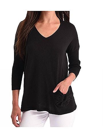 Angel Tie Pocket Detail V-Neck Top in Black (view 2)