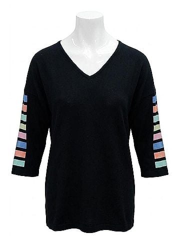 Angel 3/4 Sleeve Stripe V Neck Top in Black Combo (view 1)