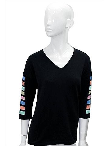 Angel 3/4 Sleeve Stripe V Neck Top in Black Combo (view 2)
