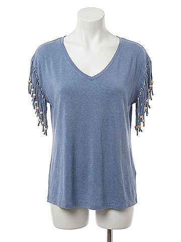 Angel Stone Wash Cut Out Fringe Beaded Sleeve Top in Denim (view 1)
