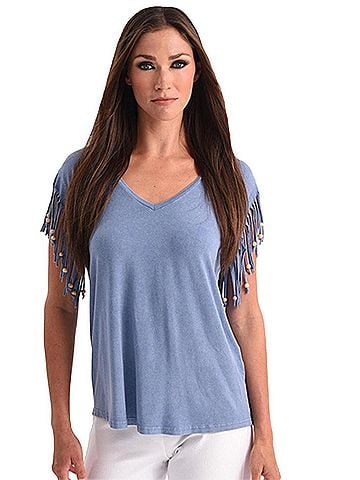 Angel Stone Wash Cut Out Fringe Beaded Sleeve Top in Denim (view 2)
