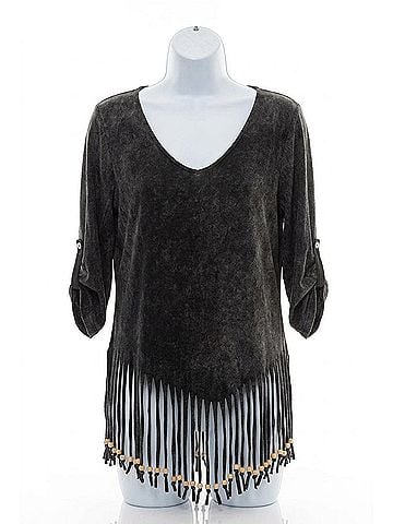 Angel Stone Wash Cut Out Fringe Top in Charcoal (view 1)