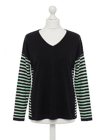 Angel Long Sleeve Stripe V-Neck Top in Black Multi (view 1)