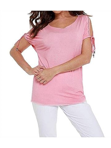 Angel Beaded Cold Shoulder Top in Coral (view 2)