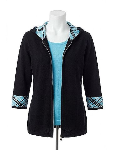 Angel Plaid Accent Hooded Zip Jacket in Black/Turquiose (view 1)