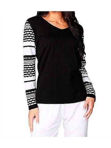 Angel Detailed Sleeve V-Neck Top in Black/White (view 2)