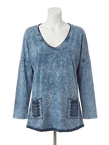 Angel Stonewash V-Neck Cut Out Pocket Top in Light Blue (view 1)