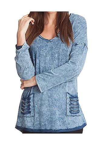 Angel Stonewash V-Neck Cut Out Pocket Top in Light Blue (view 2)