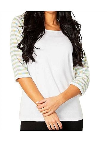 Angel Stripe Sleeve Raglan Scoop Neck Top in White Multi (view 2)