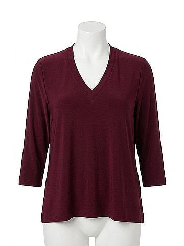 Sympli 3/4 Sleeves Deep V Top in Pomegranate (view 1)