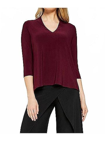 Sympli 3/4 Sleeves Deep V Top in Pomegranate (view 2)