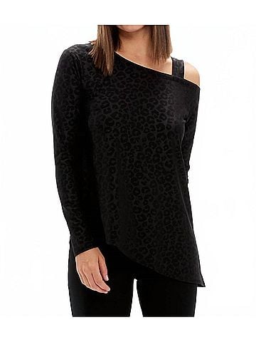 Sympli One Shoulder Long Sleeve Top in Black Animal (view 2)