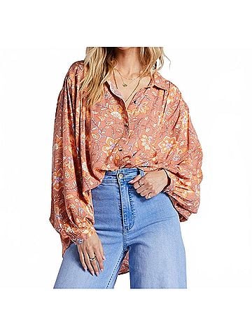 Billabong Day After Day Oversized Button-Down Shirt in Orange (view 2)