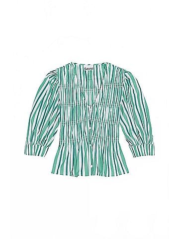 Ganni Stripe Cotton V-Neck Blouse in Creme De Menthe (view 1)