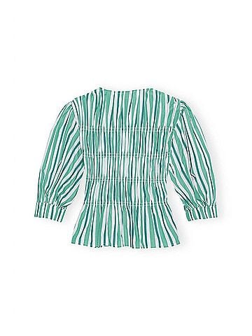 Ganni Stripe Cotton V-Neck Blouse in Creme De Menthe (view 2)