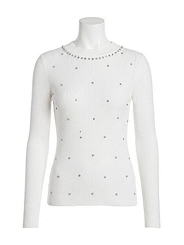 Frank Lyman Design Embellished Ribbed Knit Top in White (view 1)