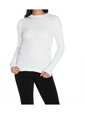 Frank Lyman Design Embellished Ribbed Knit Top in White (view 2)
