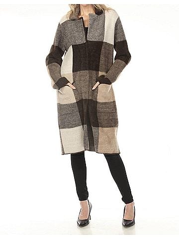 Joseph Ribkoff Checkered Feather Yarn Coat in Mocha/Multi (view 2)