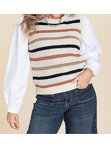 Fate Layered Shirt Stripe Sweater in Taupe (view 2)