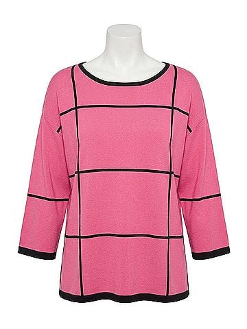 Joseph Ribkoff Two-Tone Plaid 3/4 Sleeves Lightweight Sweater Top in Bubblegum (view 1)
