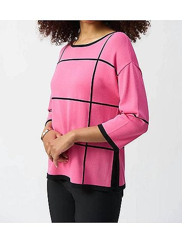 Joseph Ribkoff Two-Tone Plaid 3/4 Sleeves Lightweight Sweater Top in Bubblegum (view 2)