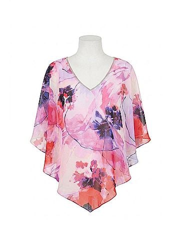 Joseph Ribkoff Silky Knit Floral Print Poncho With Chiffon Layer in Multi/Petal Pink (view 1)