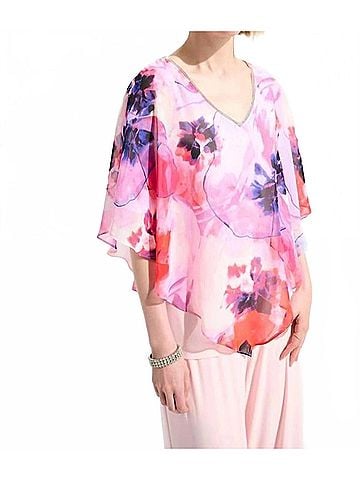 Joseph Ribkoff Silky Knit Floral Print Poncho With Chiffon Layer in Multi/Petal Pink (view 2)