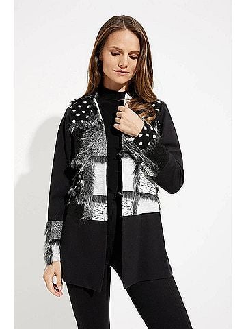 Joseph Ribkoff Berkely Patchwork Faux Fur Cardigan in Black And Grey Abstract (view 2)