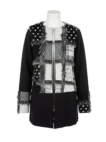 Joseph Ribkoff Berkely Patchwork Faux Fur Cardigan in Black And Grey Abstract (view 1)