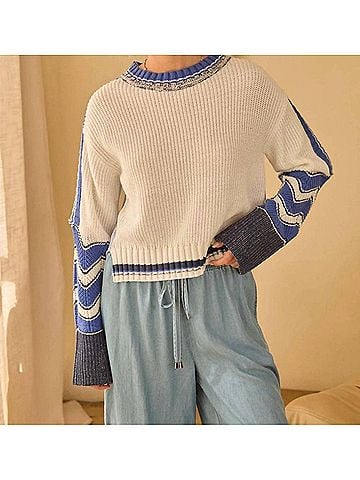 Skies Are Blue Mixed Media Stripe Sweater Top in Blue (view 2)