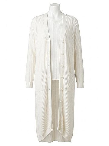 Minnie Rose Cotton / Cashmere Belted Ribbed Long Cardigan - Plus Size in White (view 1)