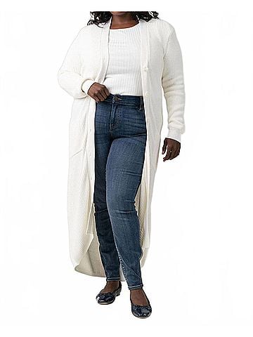 Minnie Rose Cotton / Cashmere Belted Ribbed Long Cardigan - Plus Size in White (view 2)