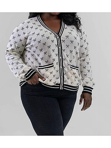 Minnie Rose Cashmere Tennis Club Print Cardigan - Plus Size in White (view 2)