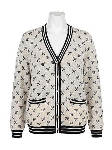 Minnie Rose Cashmere Tennis Club Print Cardigan - Plus Size in White (view 1)