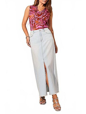 Tribal Full Length Denim Skirt W/Pockets And Slit in Blue White (view 2)
