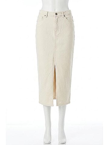 APRICOT Split Seam Denim Midi Skirt in Cream (view 1)