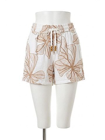 Tribal Drawstring Pull On Shorts in White/Brown Floral (view 1)
