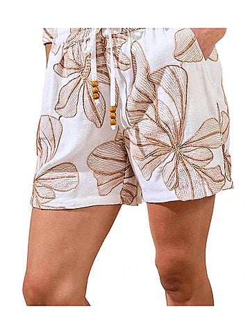 Tribal Drawstring Pull On Shorts in White/Brown Floral (view 2)