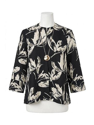 Joseph Ribkoff Floral Jacquard Swing Jacket in Black/Off-White (view 1)